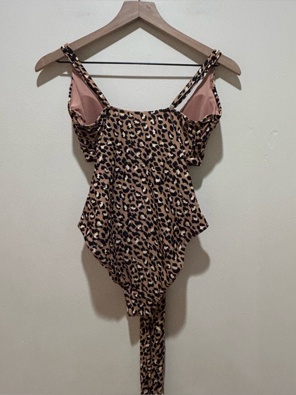 Aerie Full Coverage One Piece Swimsuit - Beige Leopard Print w/ Front Tie Medium - Picture 2 of 6